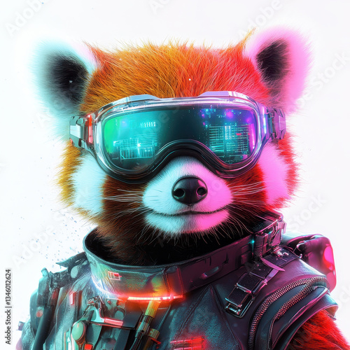 a red panda wearing futuristic glasses and a high-tech jacket, looking forward