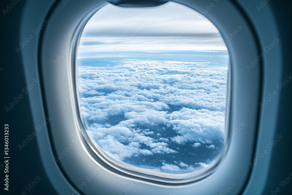 Airplane window view of clouds and blue sky from airplane window. Airplane window view of clouds and blue sky from airplane window.
