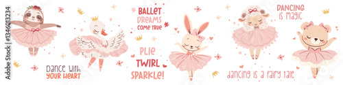 A set of flat vector illustrations in a simple children's style. Cute animals doing ballet, rabbit sheep bear swan, sloth, bird cub and fox in pink ballet tutus, inscription . Vector illustration