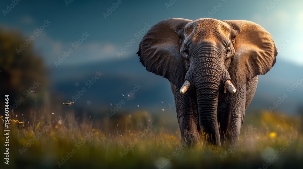 Fototapeta premium Large elephant is standing in a field of grass