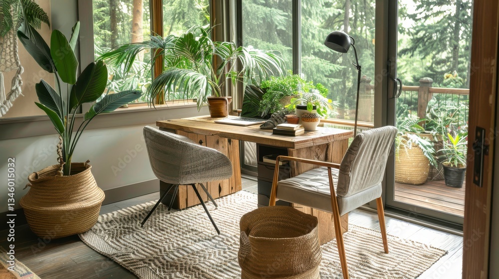 Fototapeta premium Serene Home Office with Rustic Wooden Desk and Abundant Greenery