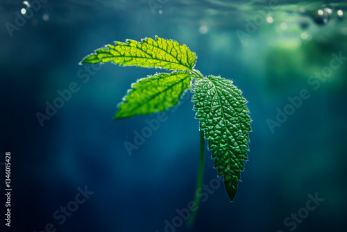 There is a leaf floating in the water with water droplets