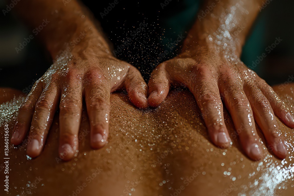 Fototapeta premium Experience deep tissue relief with targeted massage therapy Feel the healing touch of skilled hands as a massage therapist pressing firmly on a client's lower back, releasing tension and promoting