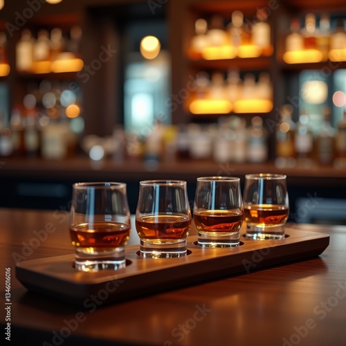 Four glasses of whiskey on a wooden tray