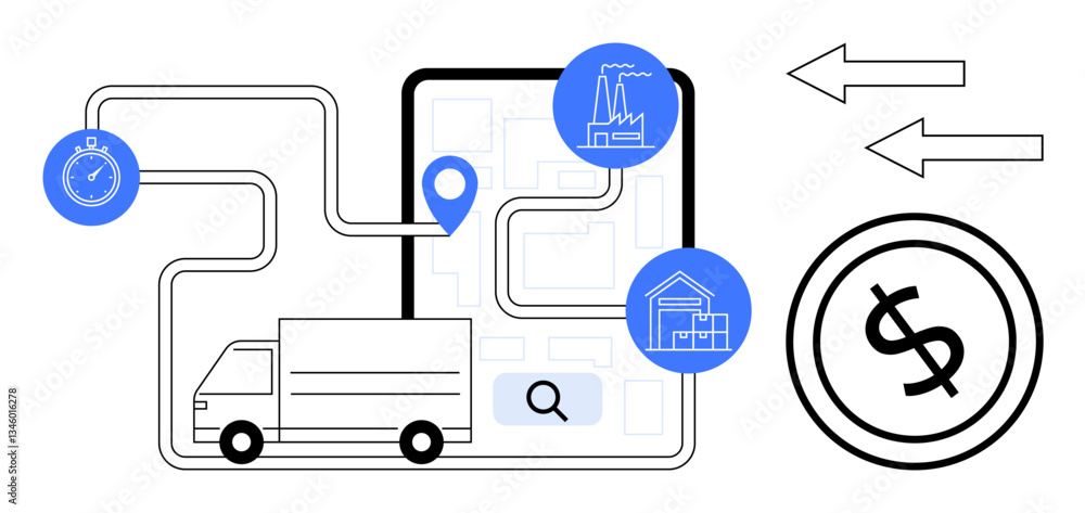 Truck following mapped route through factory and warehouse icons on tablet, stopwatch, dollar sign, arrows. Ideal for logistics, supply chain, delivery, transport, e-commerce planning cost Truck following mapped route through factory and warehouse icons on tablet, stopwatch, dollar sign, arrows. Ideal for logistics, supply chain, delivery, transport, e-commerce planning cost