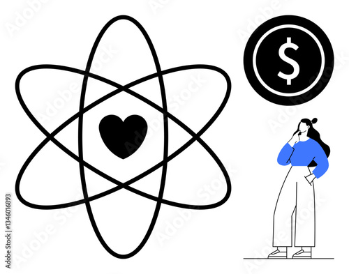 Heart within an atomic structure, dollar coin, thoughtful person. Ideal for science, love, financial decisions, introspection, economic theories personal finance emotional values. Abstract line