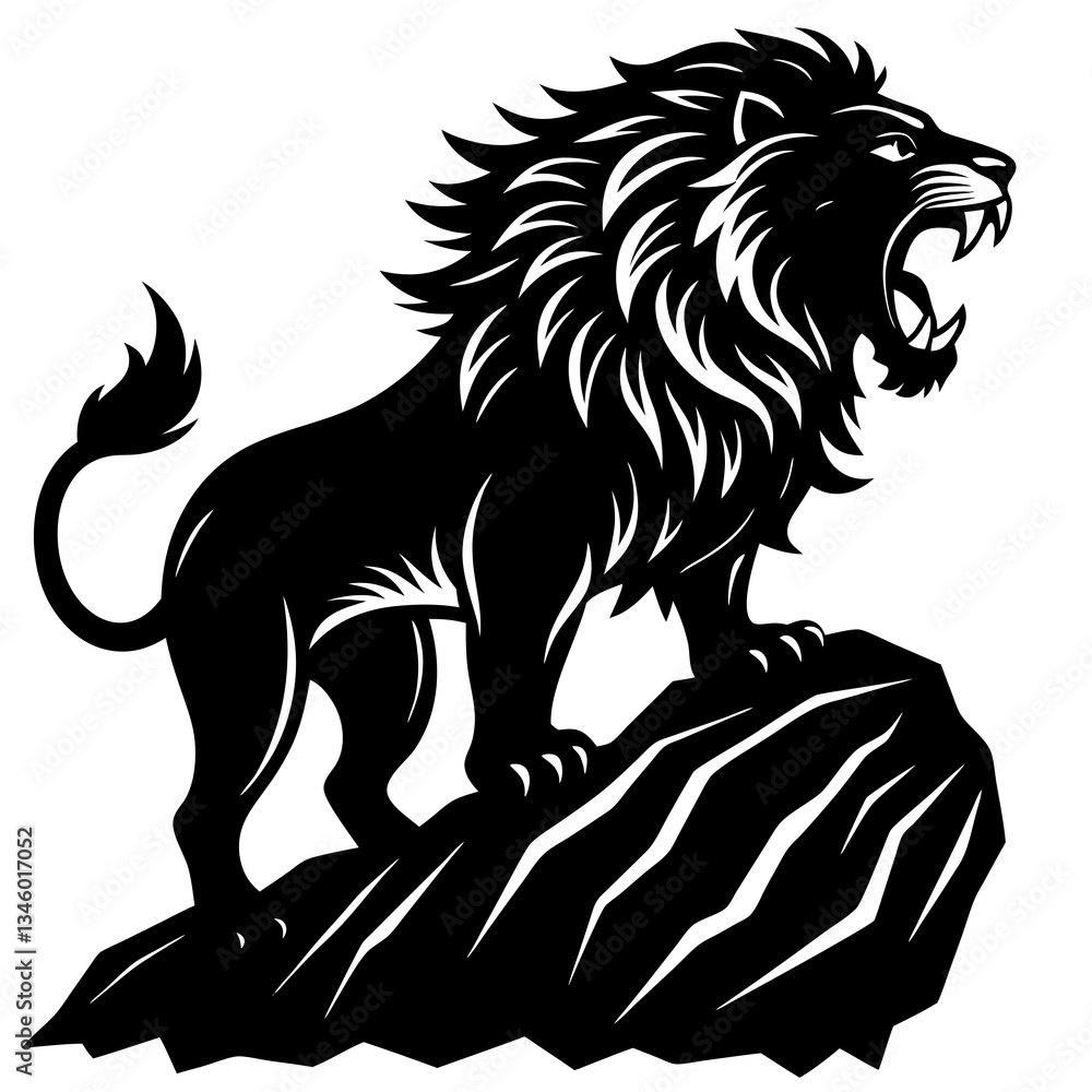 Fototapeta premium A roaring lion on a rocky cliff silhouette vector illustration