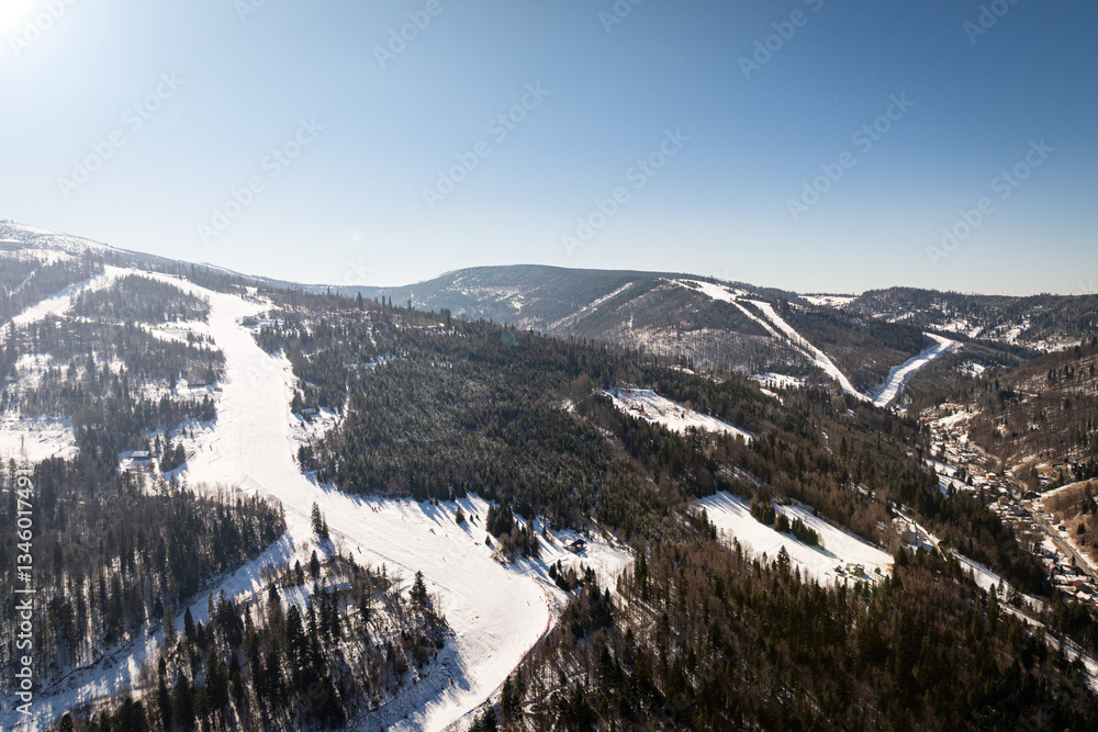 szczyrk mountain resort- silesian mountains - panorama with ski lift - aerial view