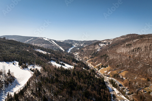 szczyrk mountain resort-  silesian mountains - panorama with ski lift  - aerial view