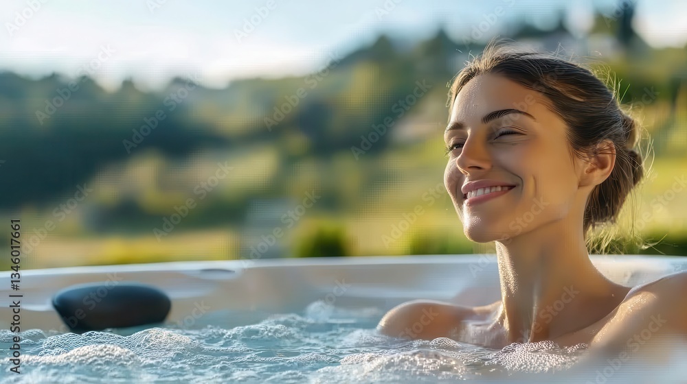 Obraz premium Spa wellness healing hydrotherapy journey. Relaxed woman enjoying a spa experience in a natural setting.