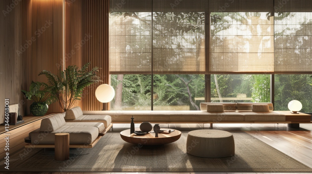 Serene Minimalist Living Room with Forest View Serene Minimalist Living Room with Forest View
