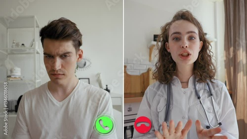 Two individuals are engaged in an online call. One person is dressed in a healthcare outfit, ready to discuss a medical concern.