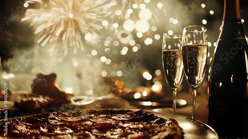 Fototapeta Naklejka Na Ścianę i Meble -  New Year's Eve Celebration: Festive Pizza, Champagne, and Fireworks