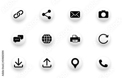 Solid vector icon set with media, share, call, location, printer, camera icons.