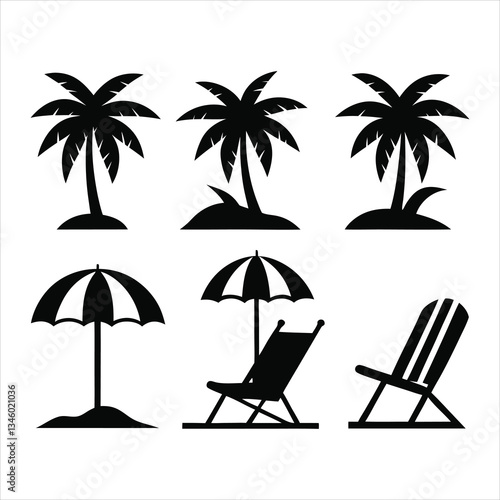 Summer Vacation Beach chairs and umbrellas isolated Vectors Silhouettes.