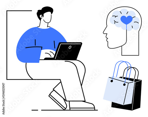 Man working on laptop, heart-brain icon symbolizing emotional intelligence, shopping bags representing consumer behavior. Ideal for mental health, e-commerce, online shopping, productivity, emotional