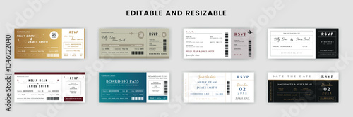 Boarding Pass Invitation For Airplane and Boat, Bundle of Airline Boarding Pass Design Template. Minimalist Flight Ticket and Wedding Invitation.