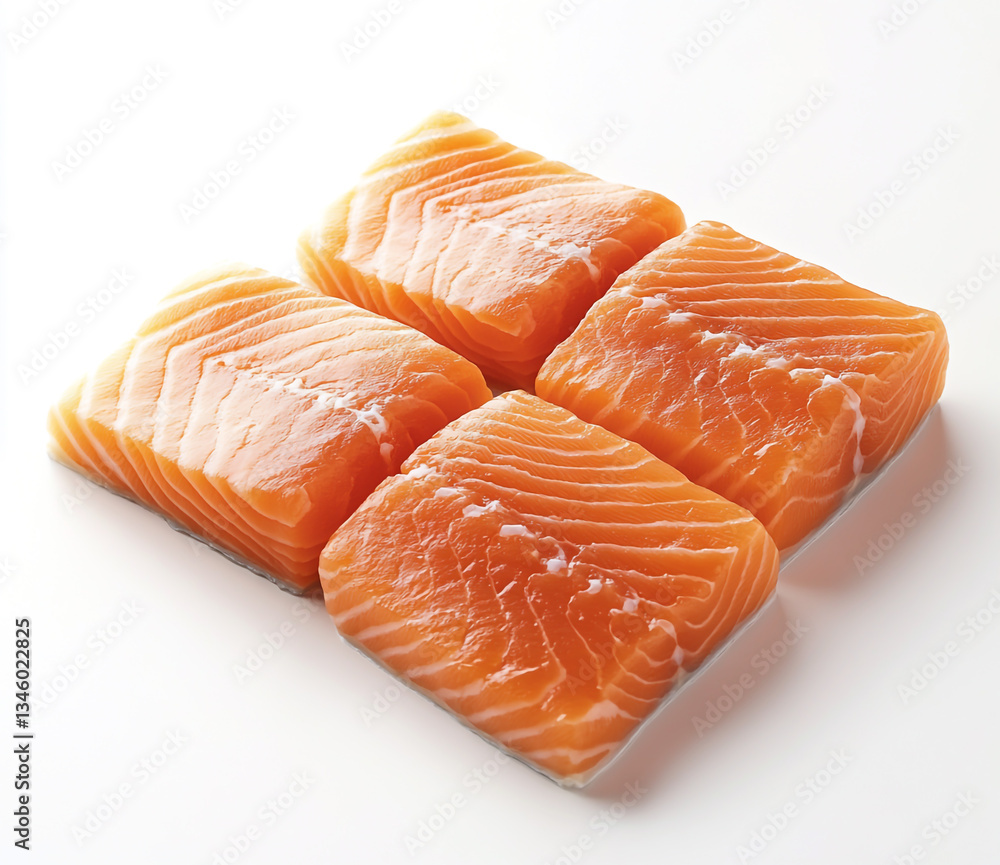 Realistic photograph of three whole fresh raw salmon fillets isolated on a white background Realistic photograph of three whole fresh raw salmon fillets isolated on a white background
