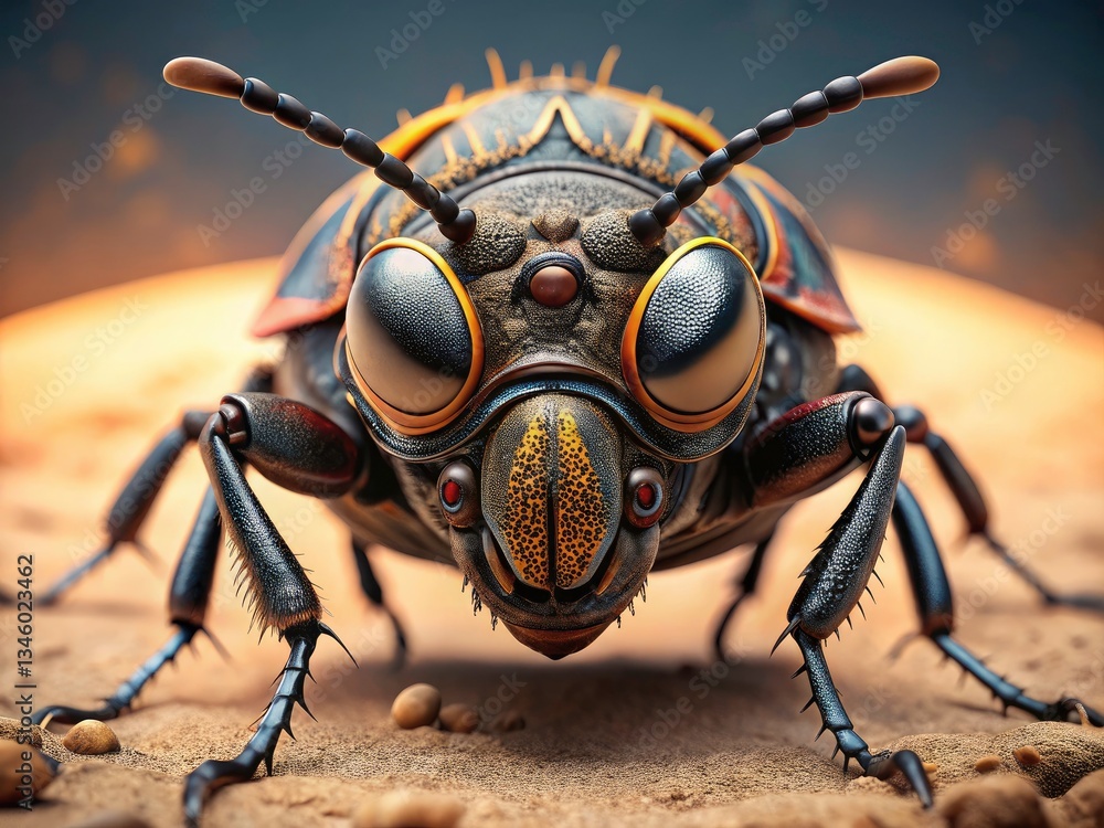 Fototapeta premium Close-up Black and Brown Beetle Portrait Photography: Mustached Insect on Sand