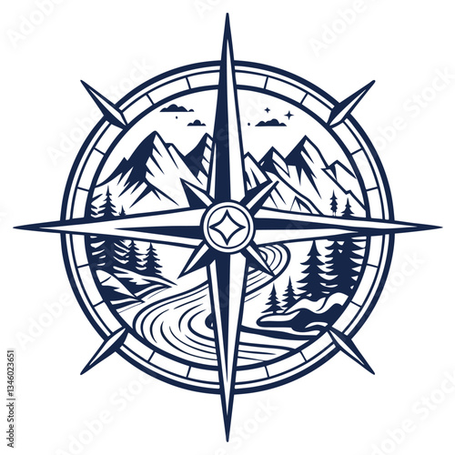 A compass symbol filled with a detailed mountain landscape
