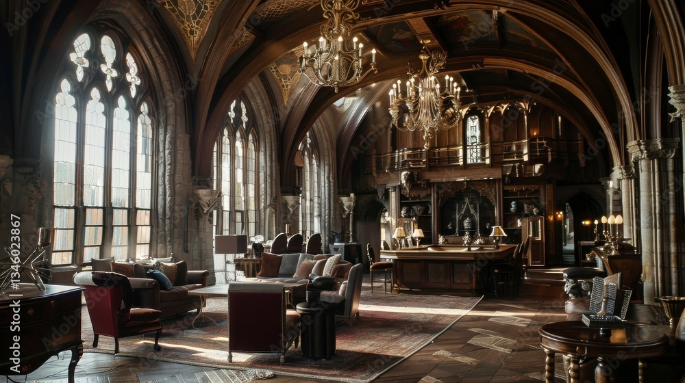 Fototapeta premium Sunlit Gothic Grand Hall Interior with Ornate Details and Plush Seating