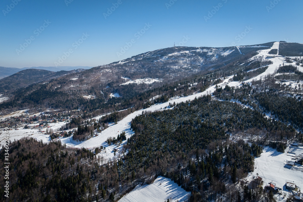 szczyrk mountain resort- silesian mountains - panorama with ski lift - aerial view