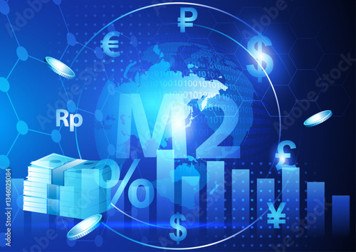 Futuristic financial concept featuring M2 money supply. Global M2 measures the total money supply, including cash, deposits, and liquid assets, across multiple economies in a common currency