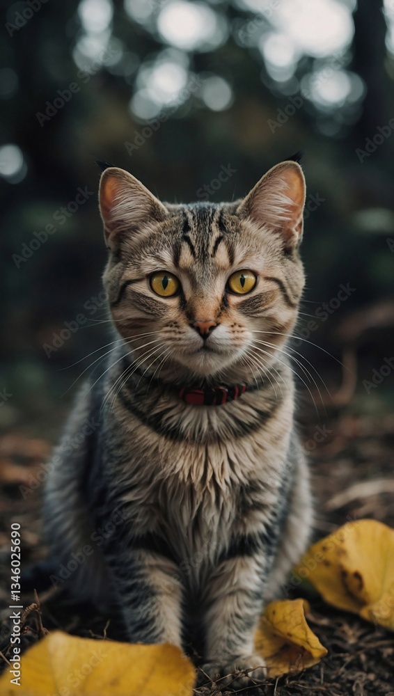 Cartoon cat sitting on the ground with yellow eyes Cartoon cat sitting on the ground with yellow eyes