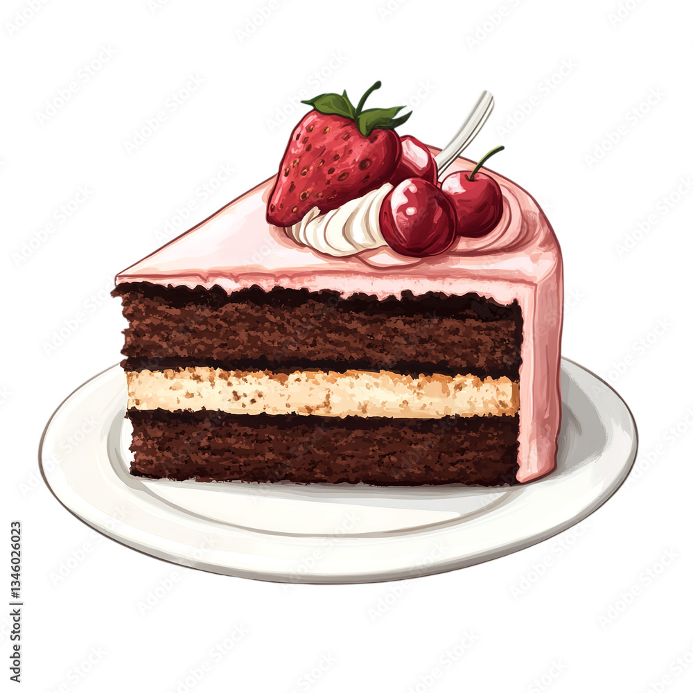Layered Chocolate and Berry Cake Slice with Whipped Cream Topping PNG Illustration Layered Chocolate and Berry Cake Slice with Whipped Cream Topping PNG Illustration