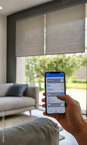 Smart Home Automation: Control your blinds with ease using a smartphone app. Modern living room with motorized shades, offering convenience and luxury.