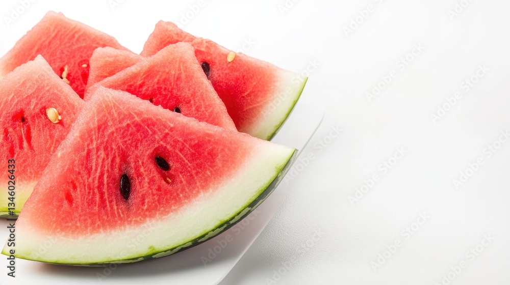 Angle View Of Watermelon Wedges Lined On White Plate. Angle View Of Watermelon Wedges Lined On White Plate.