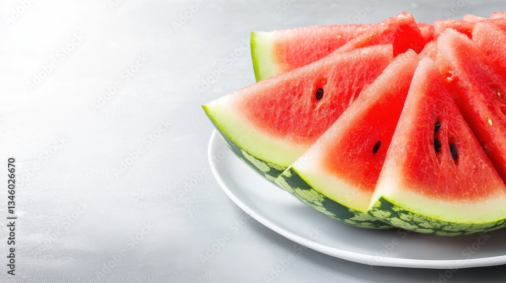 Fresh Watermelon Slices On A Plate, Isolated On Table. Fresh Watermelon Slices On A Plate, Isolated On Table.