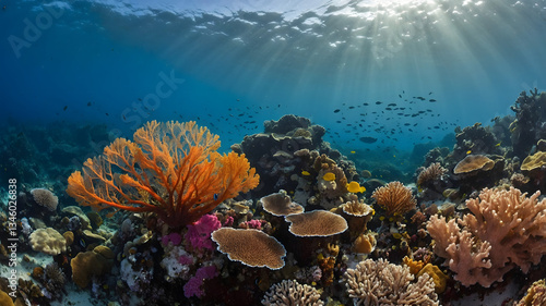 Wallpaper Mural A breathtaking underwater scene featuring a large seafan amidst a dense coral reef, teeming with marine life and bathed in blue oceanic waters. Torontodigital.ca