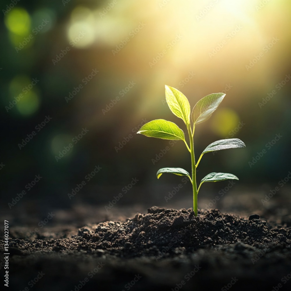 New sprout emerging from rich soil. Sunlight highlights growth New sprout emerging from rich soil. Sunlight highlights growth