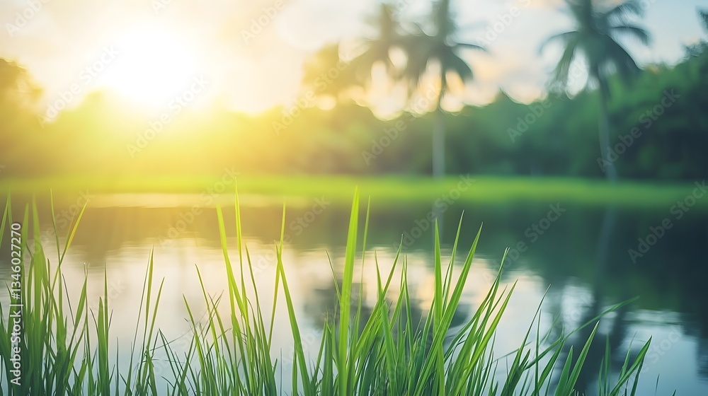 Obraz premium Serene Sunset Landscape Green Grass by Calm Water with Palm Trees