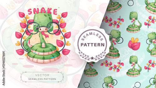 Cartoon character cute animal snake - seamless pattern