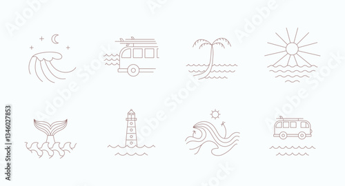 Line abstract surf camp, vacation badges. Simple vector illustrations about ocean, vanlife, tropic life
