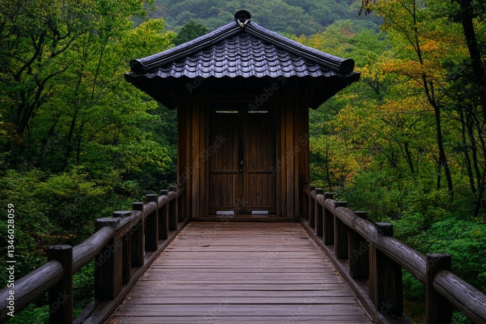 Fototapeta premium A charming old wooden bridge in Shuzenji, surrounded by autumn foliage