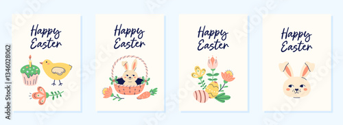 Happy Easter 4 cute cards collection. Design with text on light beige background. Happy Easter hand drawn card. Flat illustration with partial outline. Vector illustration.