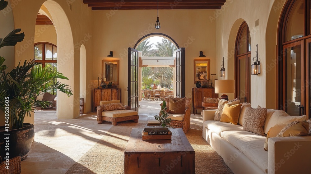 Sunlit Mediterranean Patio with Cream Sofas and Wooden Coffee Table Sunlit Mediterranean Patio with Cream Sofas and Wooden Coffee Table