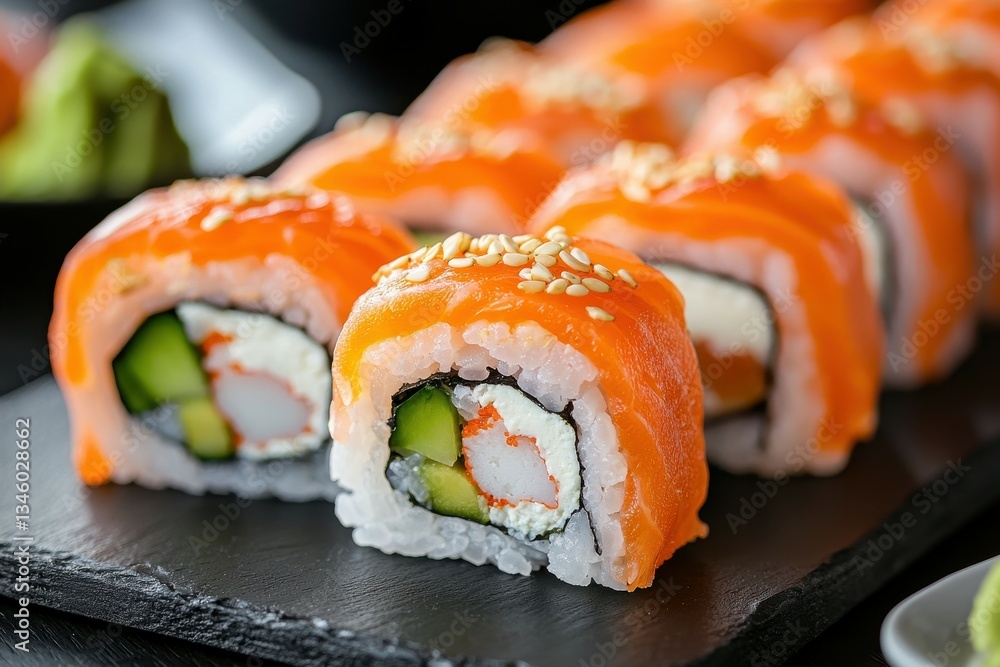 Sushi Artistry: A close-up of a sushi chef meticulously crafting sushi rolls
