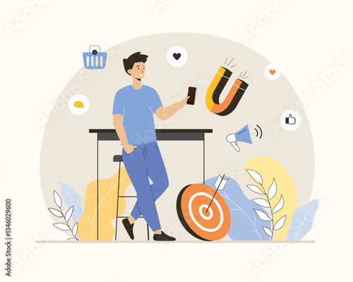 Mobile marketing web concept. Businessman attracts new customers and buyers using phone. Flat vector illustration.