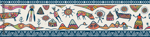 Ethnic seamless border on the theme of rock paintings, petroglyphs and geometric pattern, vector design, banner