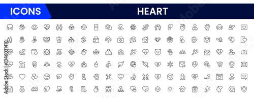 Heart, love, care, help, charity, and donation outline icons are set isolated on a white background in a flat vector illustration.