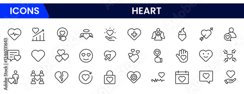 Heart, love, care, help, charity, and donation outline icons are set isolated on a white background in a flat vector illustration.