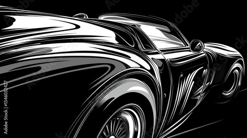 Classic Car, Black & White, Studio, Design, Illustration