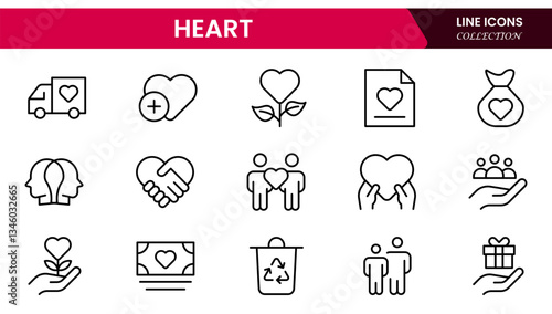 Heart, love, care, help, charity, and donation outline icons are set isolated on a white background in a flat vector illustration.