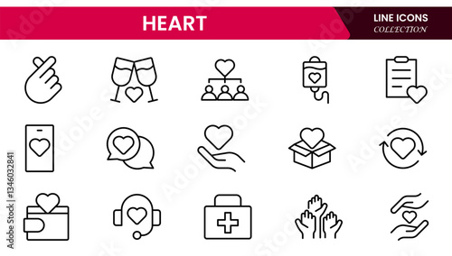Heart, love, care, help, charity, and donation outline icons are set isolated on a white background in a flat vector illustration.