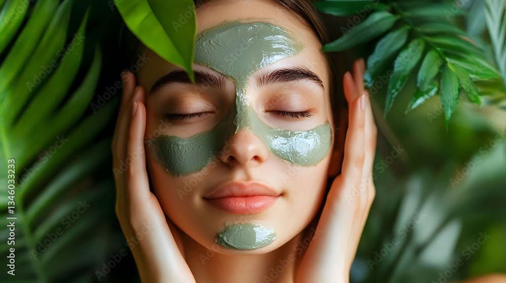 Beautiful woman relaxing with clay mask and enjoying spa treatment surrounded by tropical plants Beautiful woman relaxing with clay mask and enjoying spa treatment surrounded by tropical plants