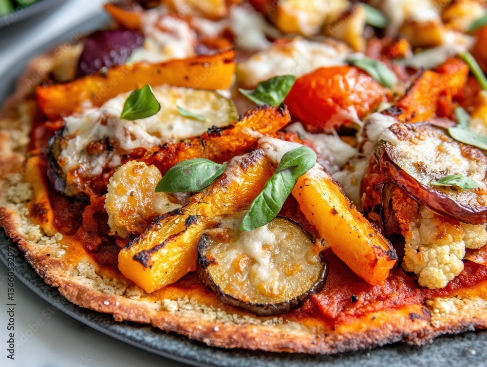 Homemade plant-based pizza topped with roasted cauliflower and colorful vegetables, served fresh Homemade plant-based pizza topped with roasted cauliflower and colorful vegetables, served fresh